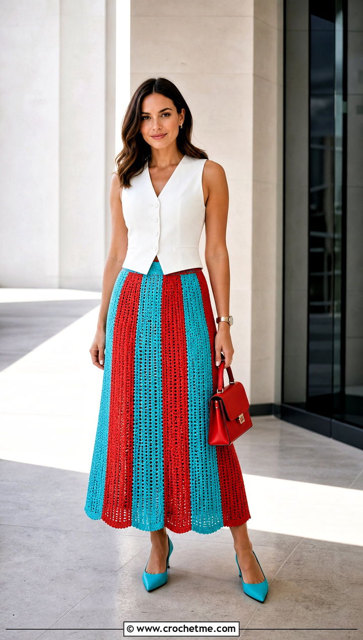 High Waisted Striped Crochet A Line Skirt With Vest - 25 striped crochet skirt outfit ideas