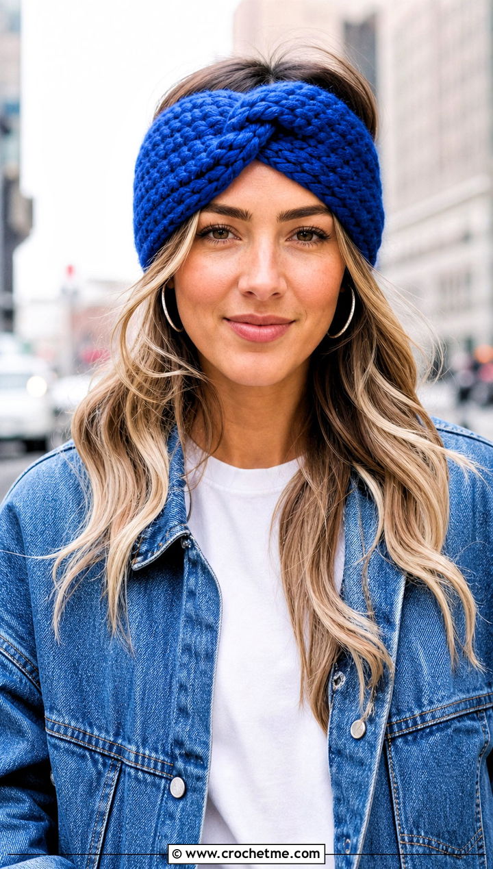 Highland Twist Crochet Headband With Denim Jacket - 15 wool ease thick and quick crochet headband outfit ideas