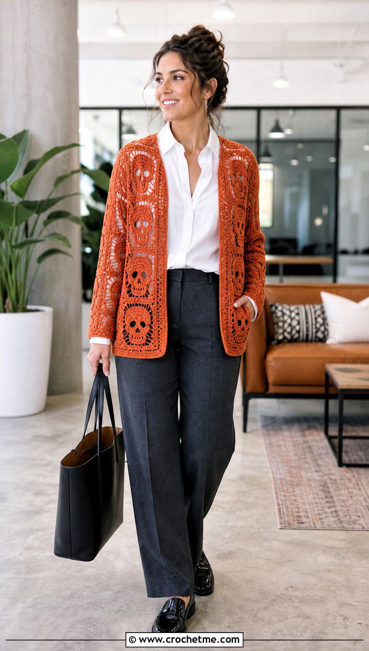 Hip Length Crochet Skull Granny Square Cardigan With Suit Trousers - 25 crochet skull granny square cardigan outfit ideas