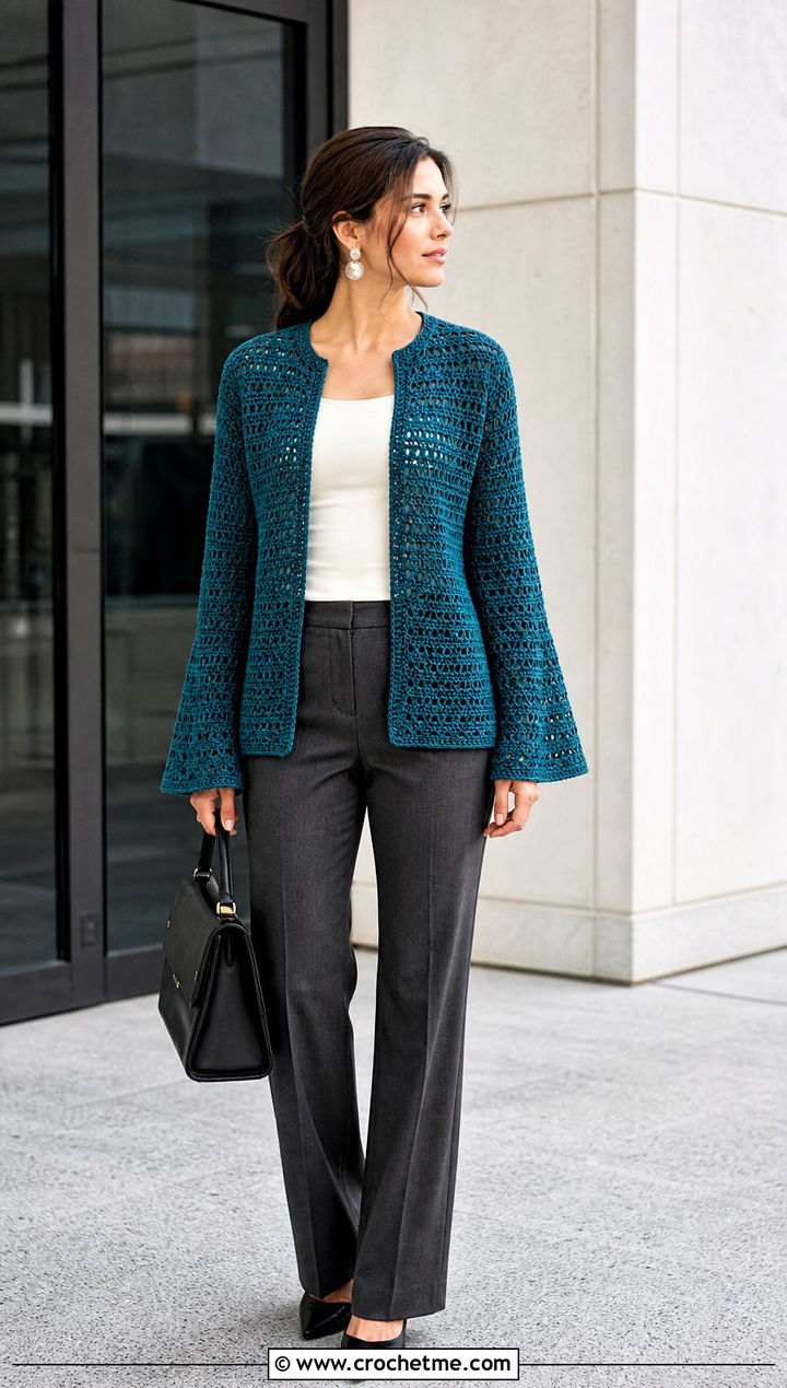 Hippie Bell Sleeve Crochet Cardigan With Tailored Trousers - 15 hippie crochet cardigan outfit ideas