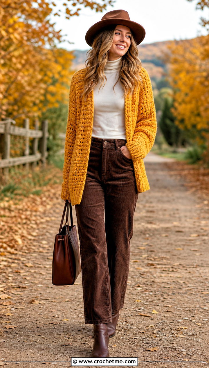 Hippie Chunky Crochet Cardigan With Corduroy Pants - 15 hippie crochet cardigan outfit ideas