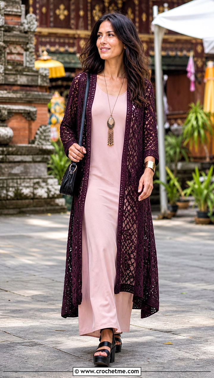 Hippie Crochet Duster Cardigan With Column Dress - 15 hippie crochet cardigan outfit ideas