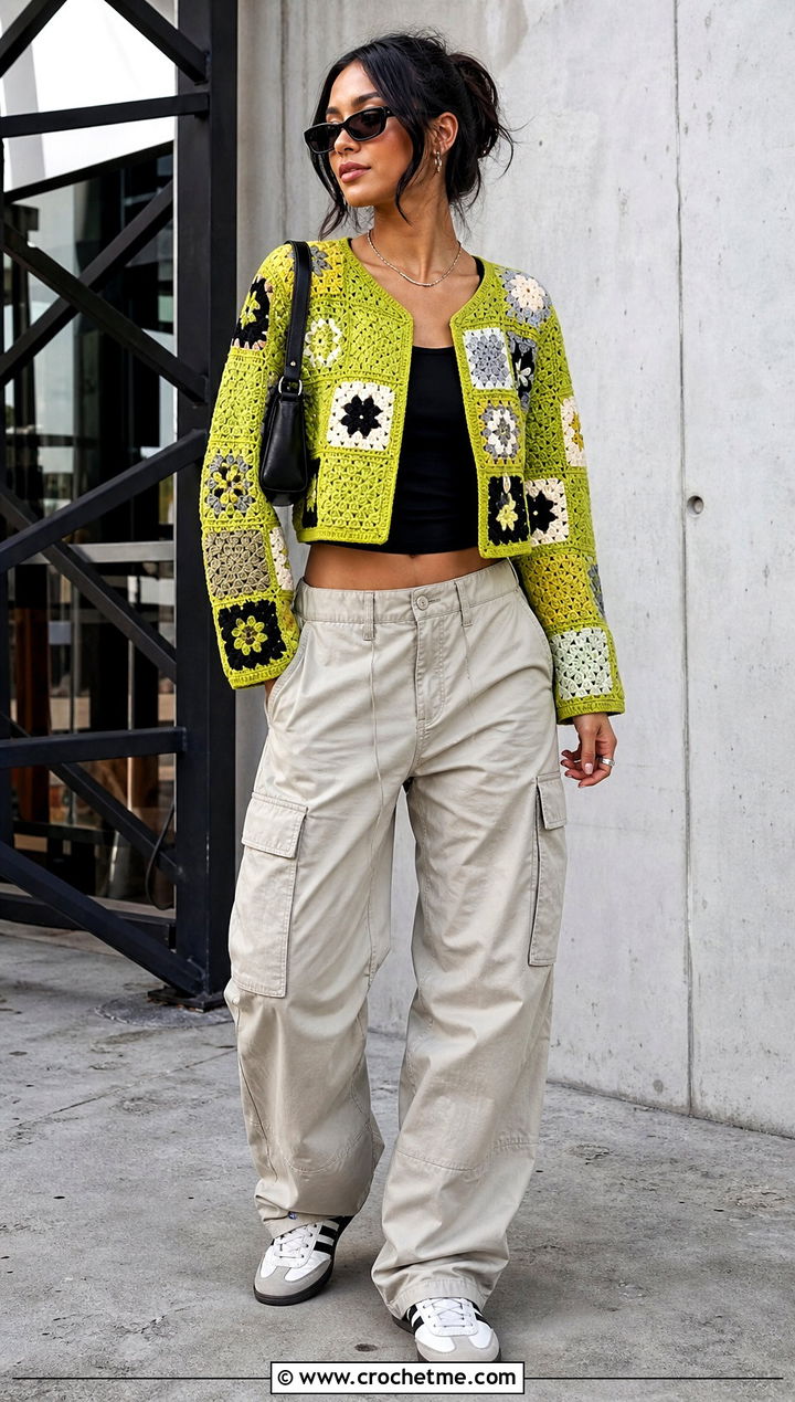Hippie Cropped Patchwork Crochet Cardigan With Cargo Pants - 15 hippie crochet cardigan outfit ideas