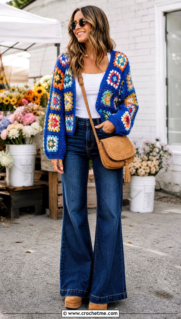 Hippie Granny Square Crochet Cardigan With Flared Jeans - 15 hippie crochet cardigan outfit ideas