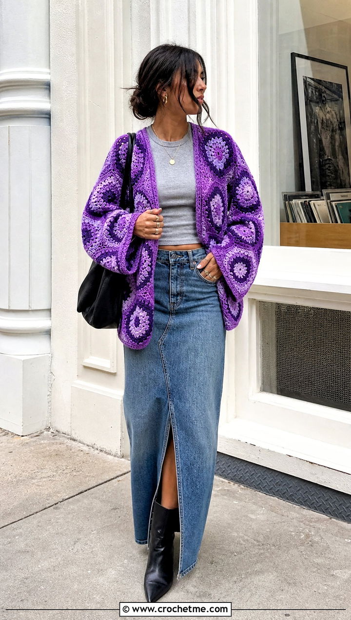 Hippie Hexagon Crochet Cardigan With Denim Maxi Skirt - 15 hippie crochet cardigan outfit ideas