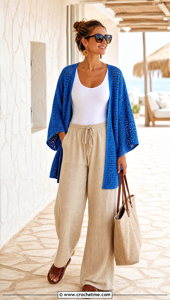 Hippie Kimono Sleeve Crochet Cardigan With Wide Leg Linen Pants - 15 hippie crochet cardigan outfit ideas
