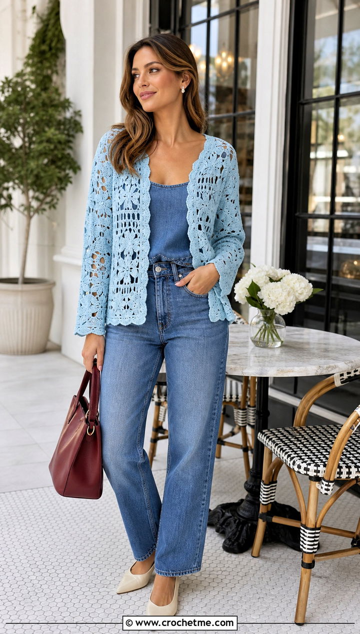 Hippie Lace Crochet Cardigan With Matching Denim - 15 hippie crochet cardigan outfit ideas