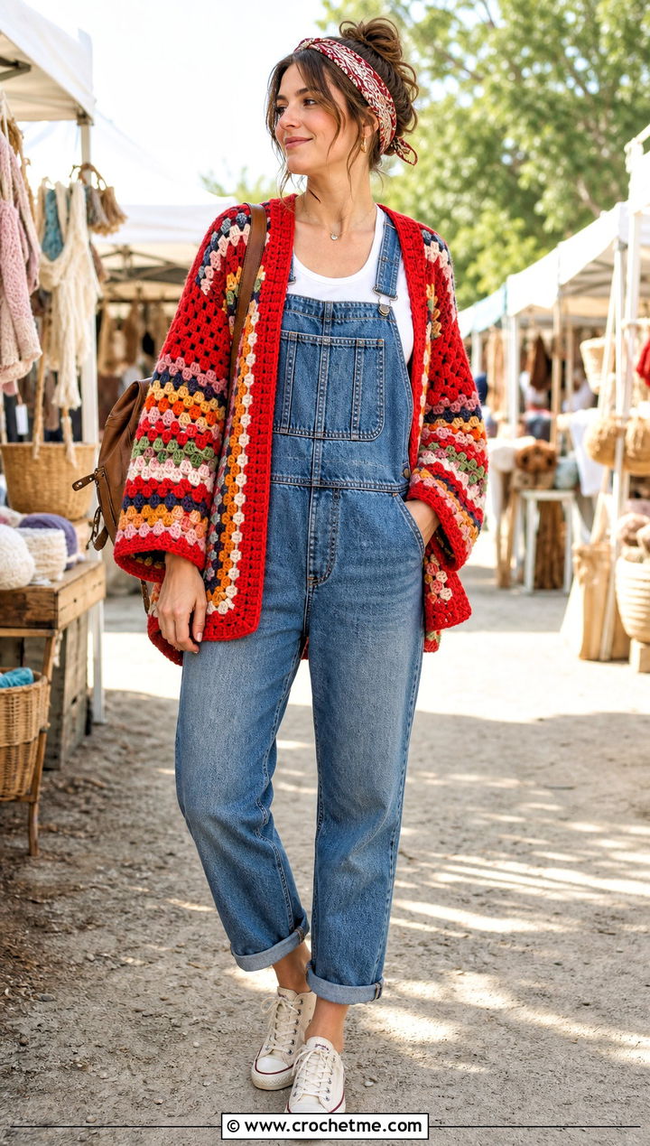 Hippie Striped Granny Stitch Crochet Cardigan With Overalls - 15 hippie crochet cardigan outfit ideas