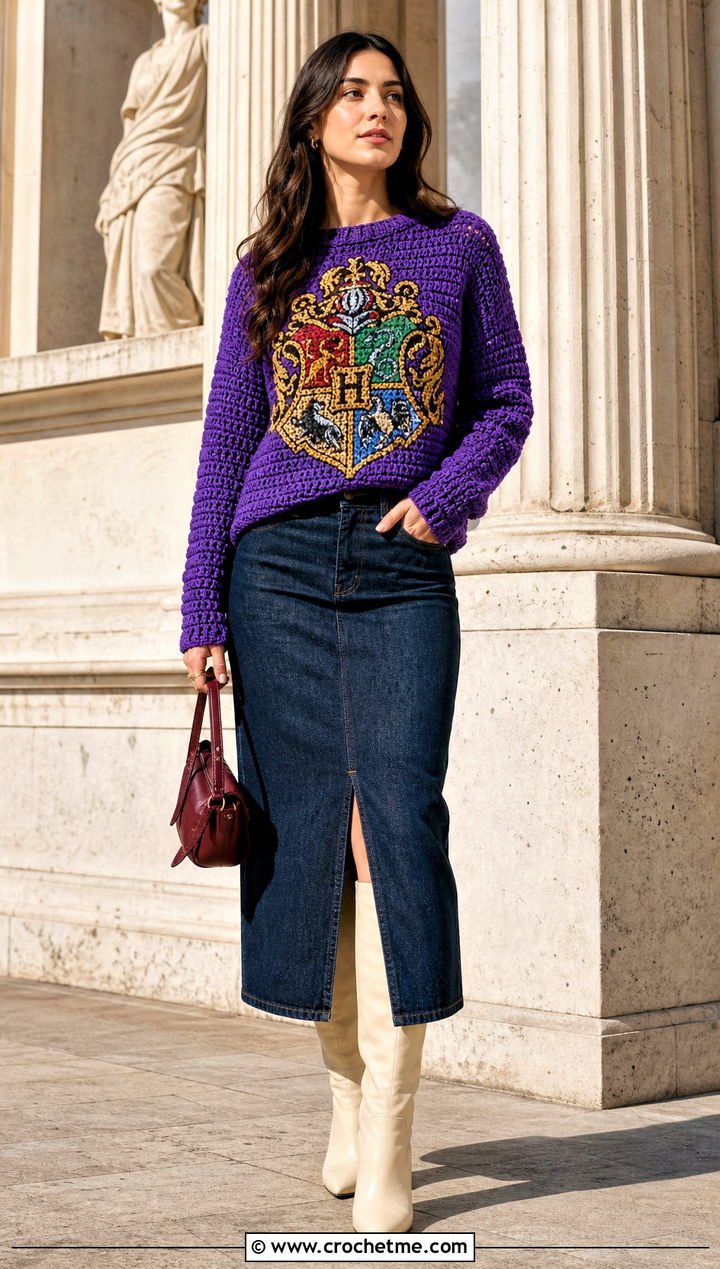 Hogwarts Crest Crochet Pullover With Denim Midi Skirt - 25 harry potter crochet clothes and outfit ideas