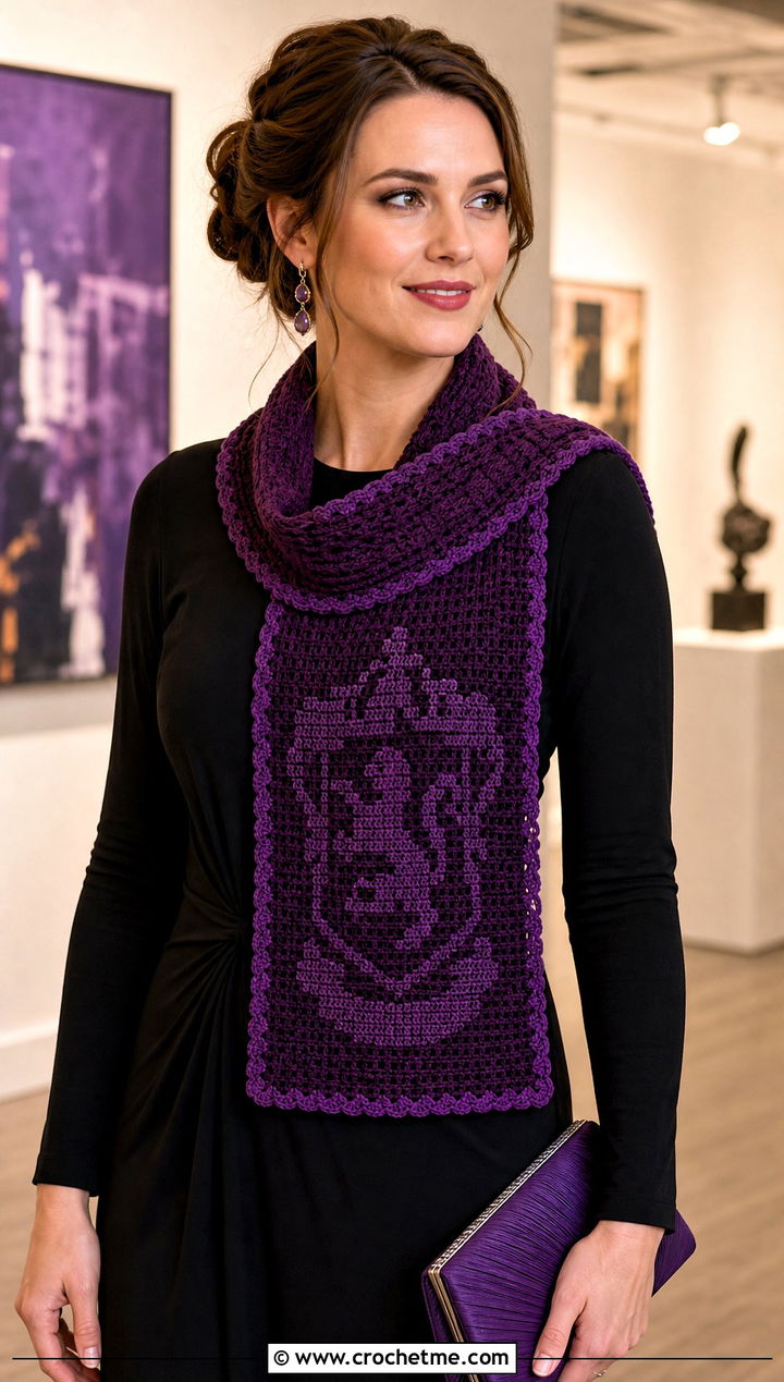 Hogwarts Crest Filet Crochet Scarf With Black Evening Outfit - 30 crochet hogwarts scarf outfit ideas