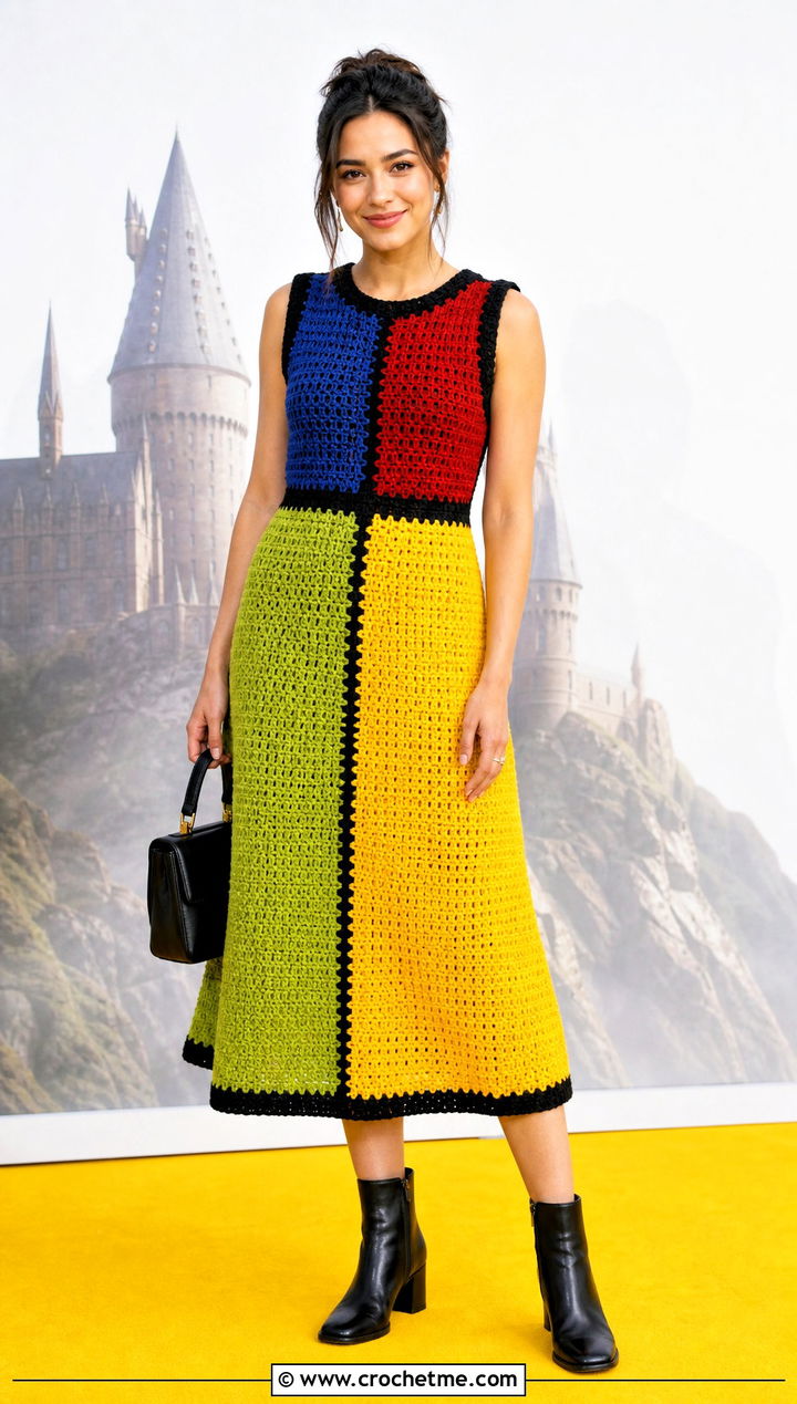 Hogwarts House Colorblock Crochet Dress With Ankle Boots - 25 harry potter crochet clothes and outfit ideas