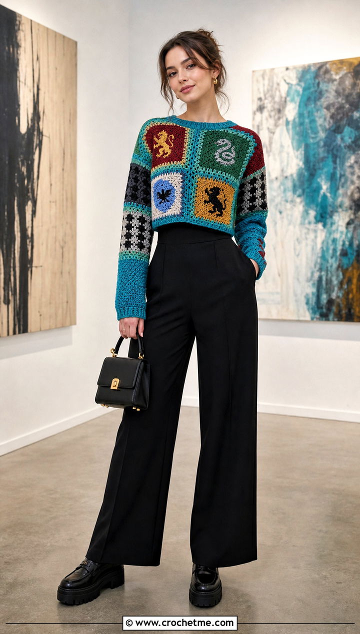 Hogwarts Patchwork Crochet Sweater With Black Jumpsuit - 35 crochet harry potter sweater outfit ideas