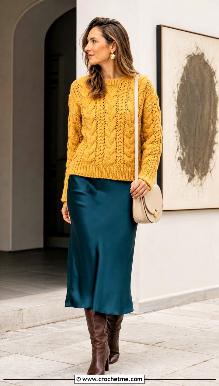 Honey Yellow Crochet Cable Sweater With Slip Dress - 30 Crochet Yellow Sweater outfit ideas
