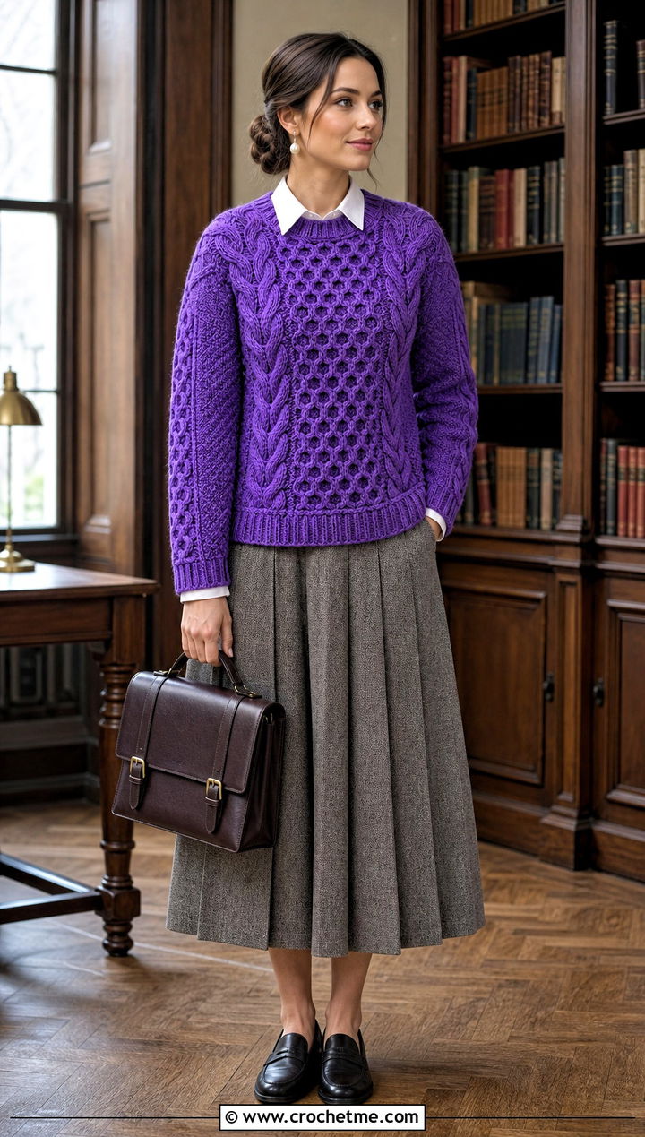 Honeycomb Cable Crochet Celtic Sweater With Pleated Midi Skirt - 15 Crochet Celtic Sweater outfit ideas