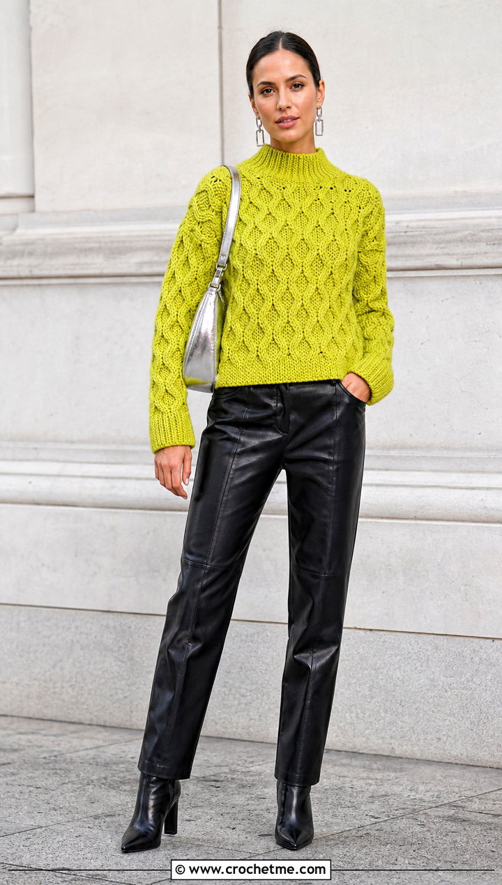 Honeycomb Cable Crochet Mock Neck Sweater With Leather Pants - 30 crochet cable knit sweater outfit ideas