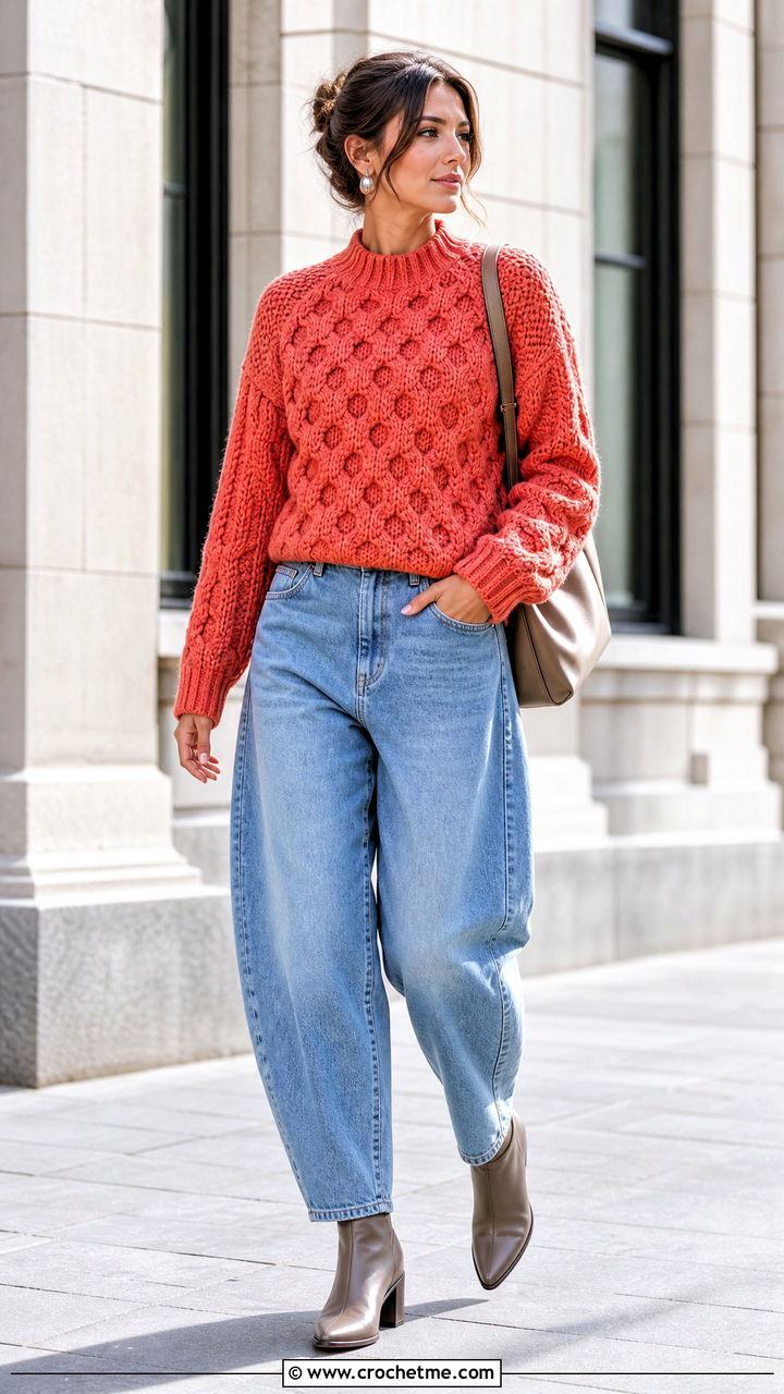 Honeycomb Cable Sweater With Barrel Jeans - 35 crochet cable sweater outfit ideas