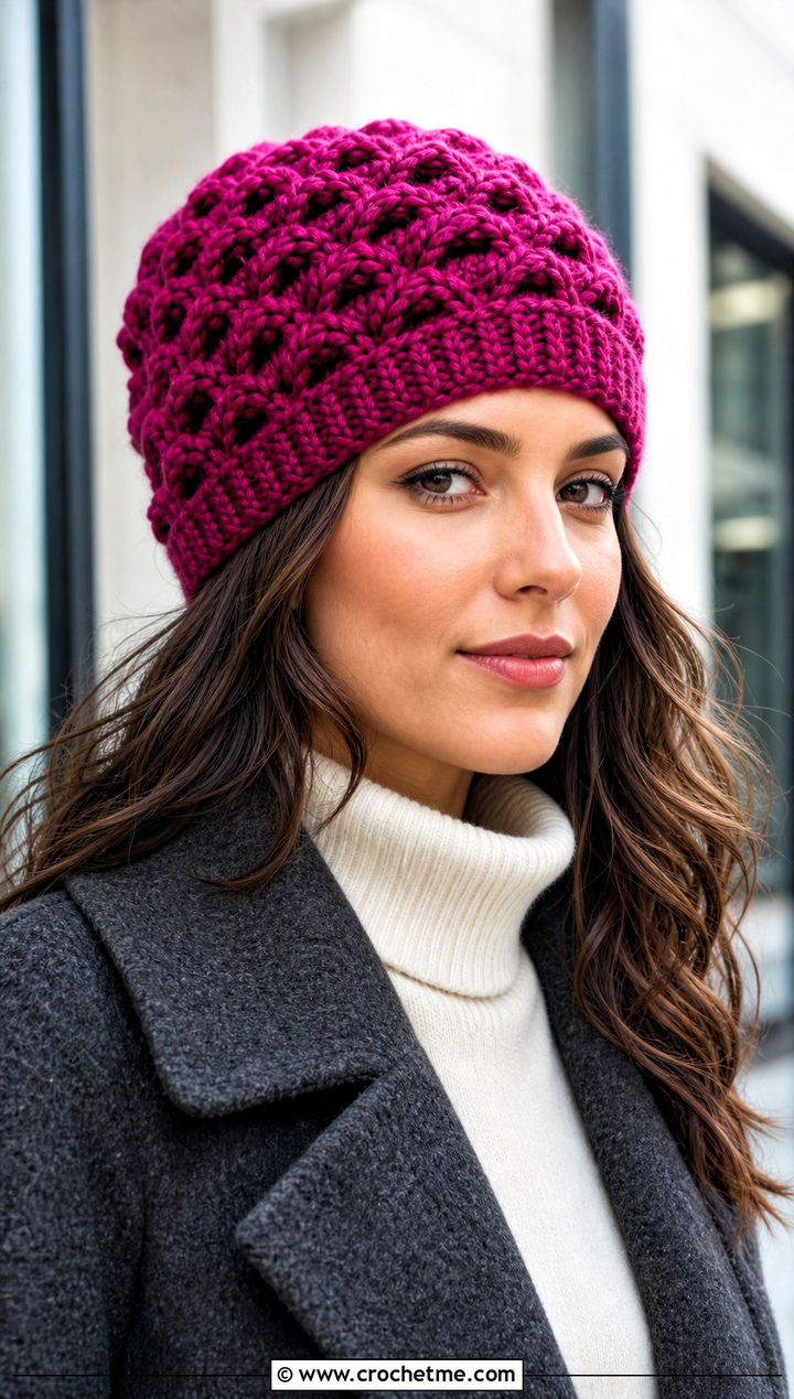 Honeycomb Cabled Crochet Beanie With Wool Coat - 15 cabled crochet beanie design outfit ideas