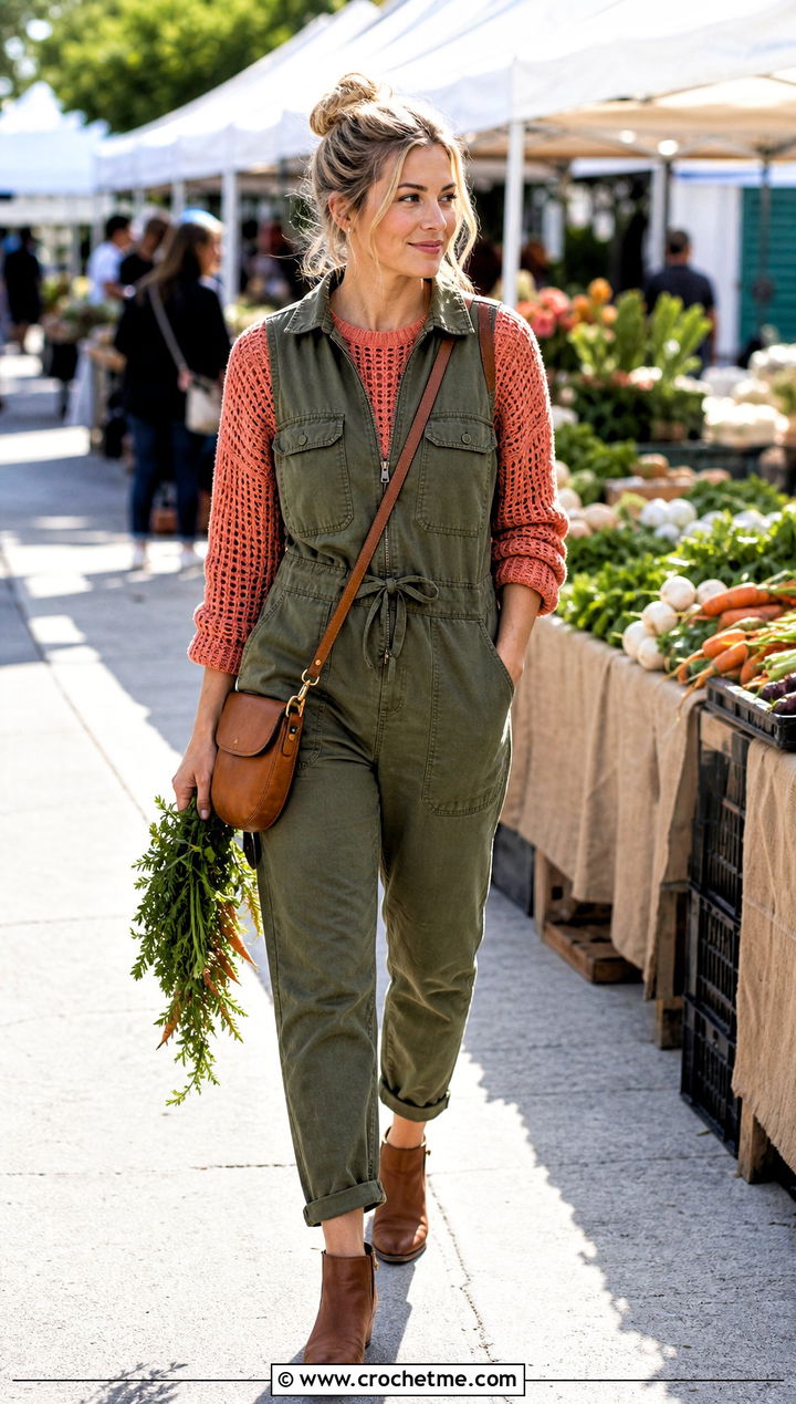 Honeycomb Crochet Fisherman Sweater With Utility Jumpsuit - 25 crochet fisherman sweater outfit ideas
