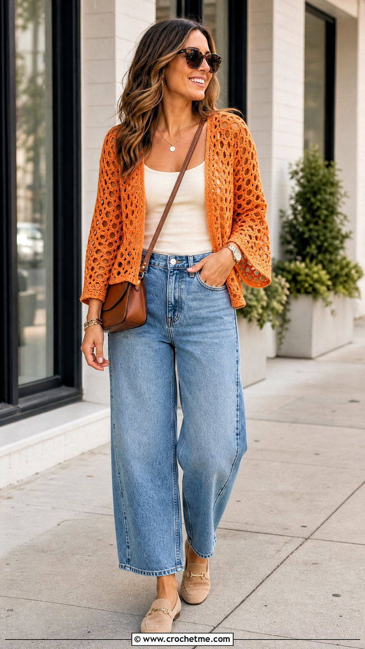 Honeycomb Crochet Mesh Top With Barrel Jeans - 35 crochet mesh top outfit ideas