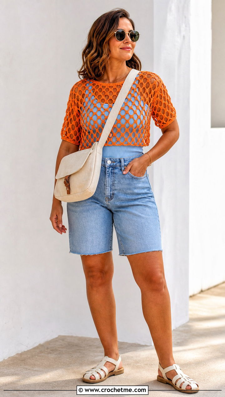 Honeycomb Crochet Mesh Top With Denim Shorts - 25 Cute Crochet Mesh Top outfit ideas