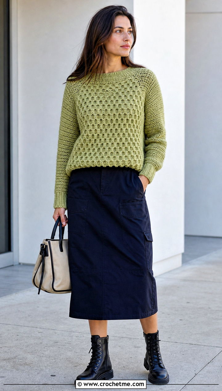 Honeycomb Fisherman Crochet Sweater With Utility Skirt - 25 Fisherman Crochet Sweater outfit ideas