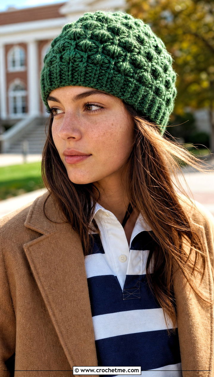 Honeycomb Puff Stitch Beanie With Rugby Shirt And Pleated Skirt - 25 crochet puff stitch beanie outfit ideas