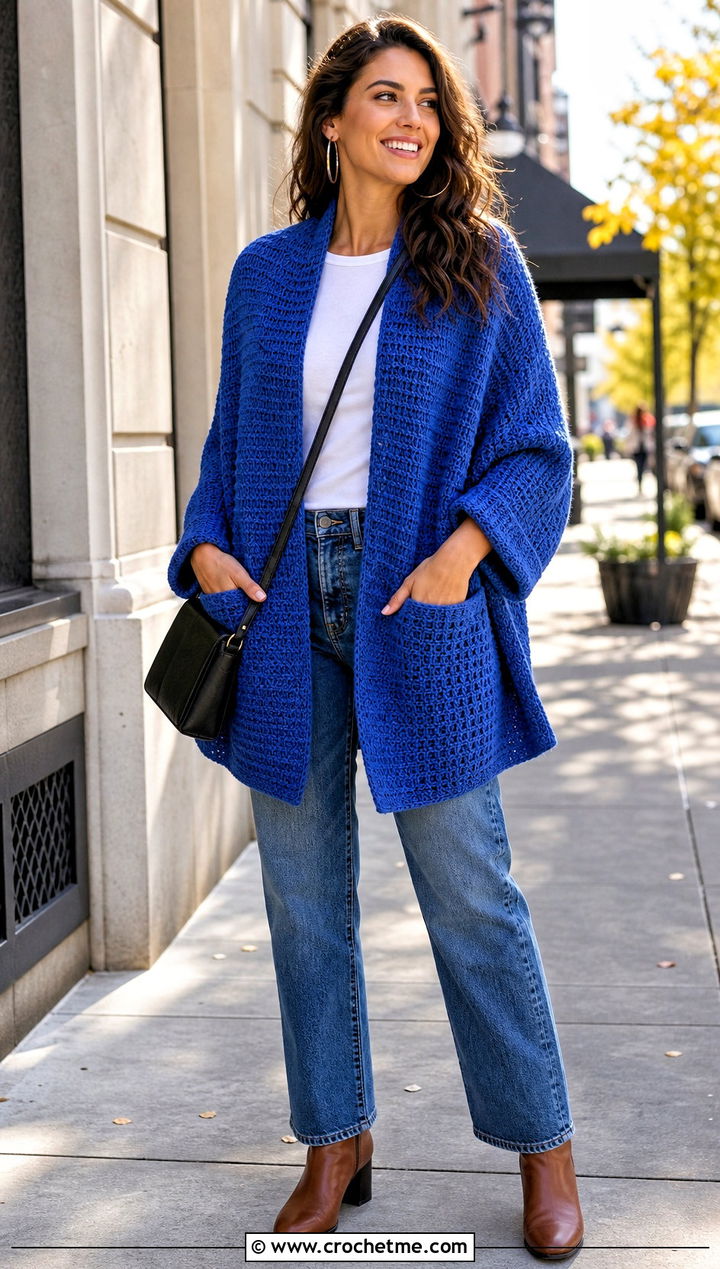Honeycomb Stitch Pocket Shawl With Straight Leg Jeans - 15 Tunisian Crochet Pocket Shawl outfit ideas