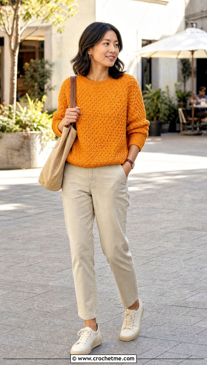 Honeycomb Stitch Tunisian Crochet Pullover With Chino Pants - 25 Tunisian Crochet Pullover outfit ideas