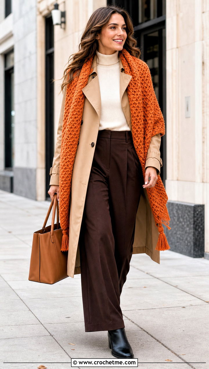 Honeycomb Stitch Tunisian Shawl With Trench Coat - 35 tunisian crochet shawl outfit ideas