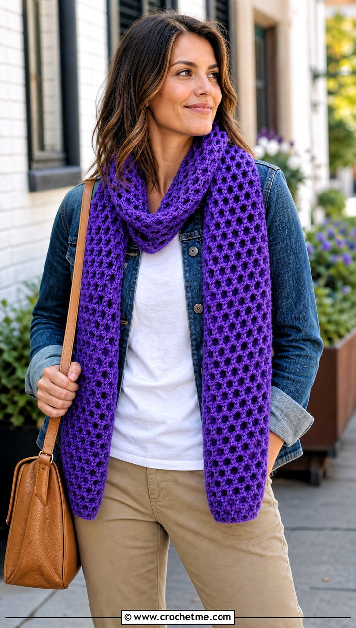 Honeycomb Tunisian Crochet Scarf With Denim Jacket and Chinos - 20 Easy Tunisian Crochet Scarf outfit ideas