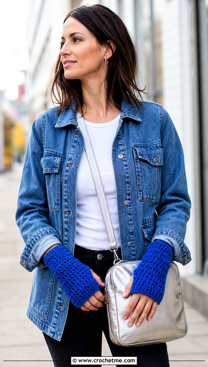 Honeycomb Tunisian Crochet Wrist Warmers With Denim Jacket - 15 Tunisian Crochet Wrist Warmers outfit ideas