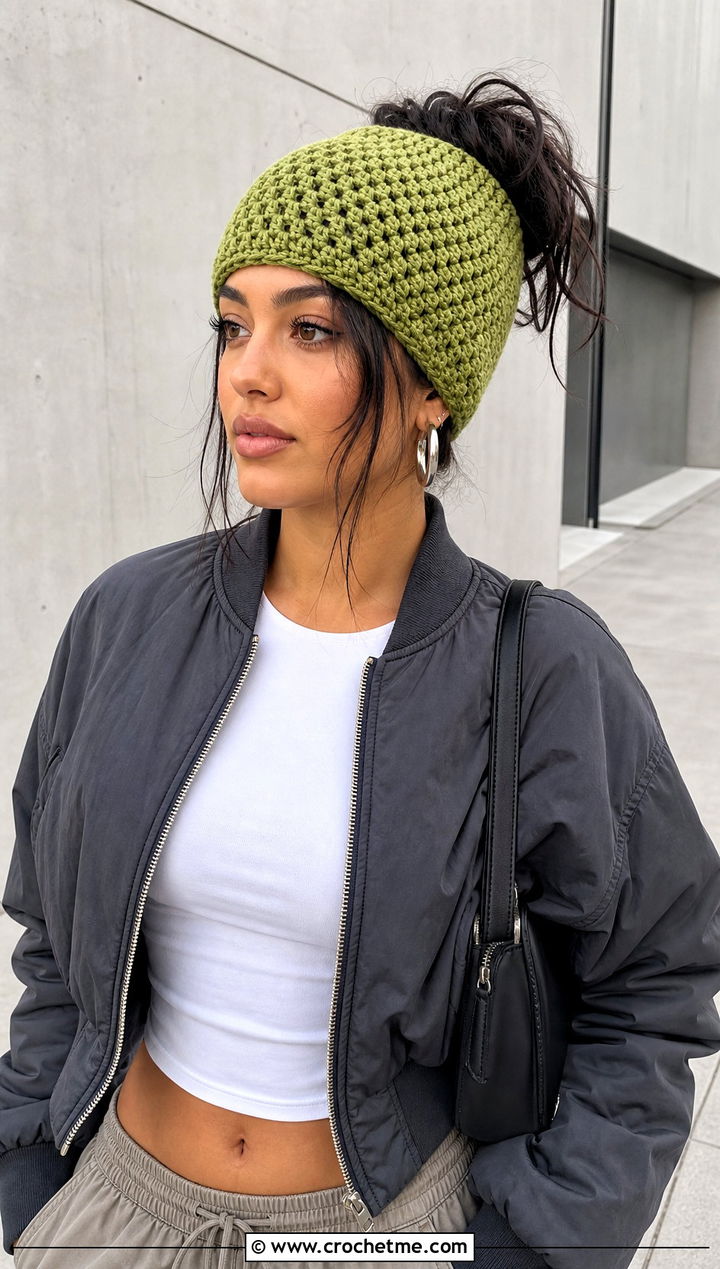 Honeycomb Tunisian Messy Bun Crochet Hat With Bomber Jacket - 25 Messy Bun Crochet Hat outfit ideas