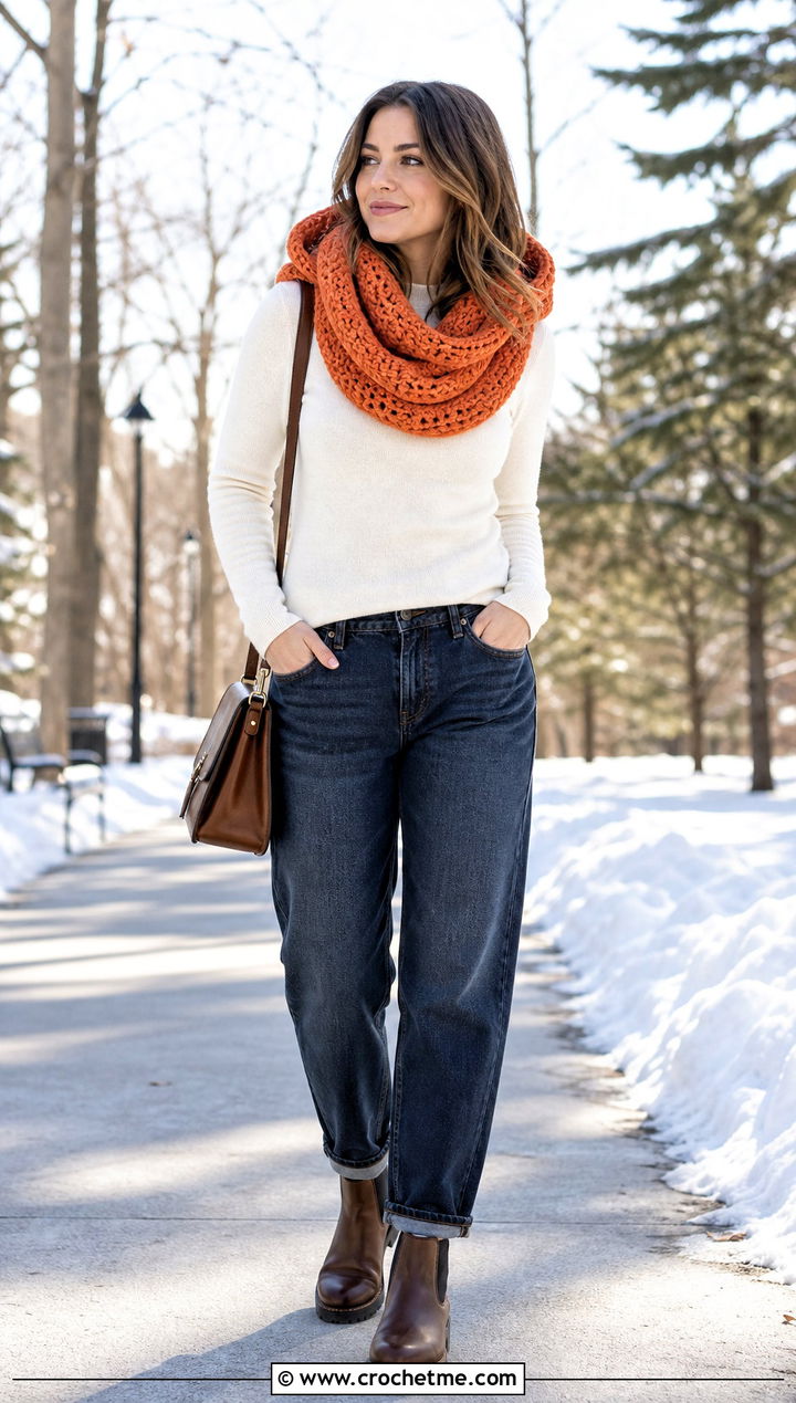 Hood Cowl Crochet Scarf With Sweater And Jeans - 35 crocheted scarf outfit ideas