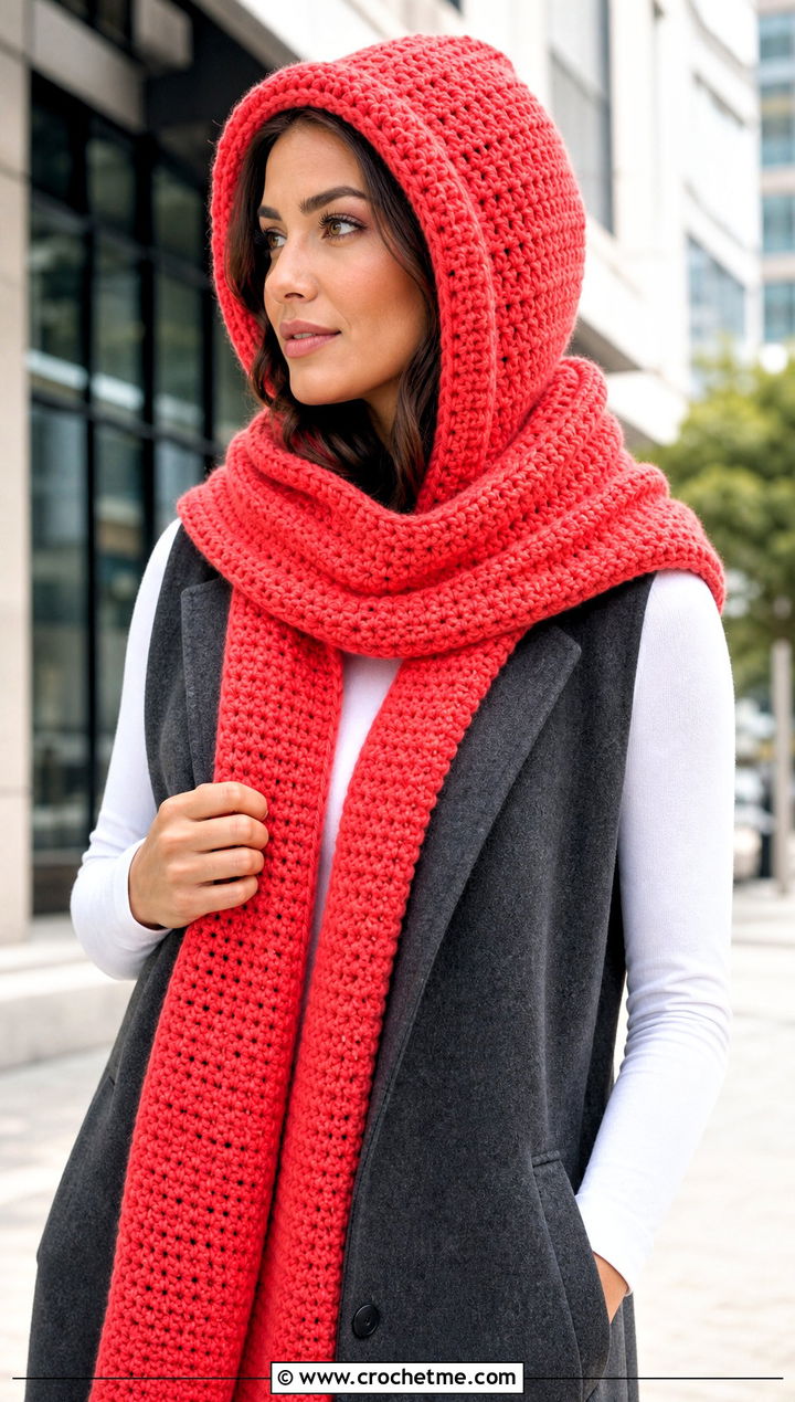 Hood Hat And Hooded Scarf With Longline Vest - 30 crochet hat and scarf outfit ideas
