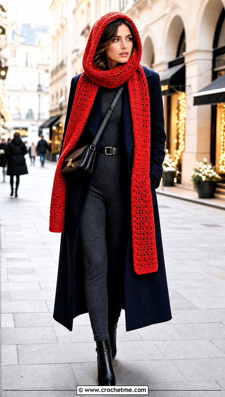 Hood Scarf With Long Coat and Knit Jumpsuit - 35 Winter Crochet Scarf outfit ideas