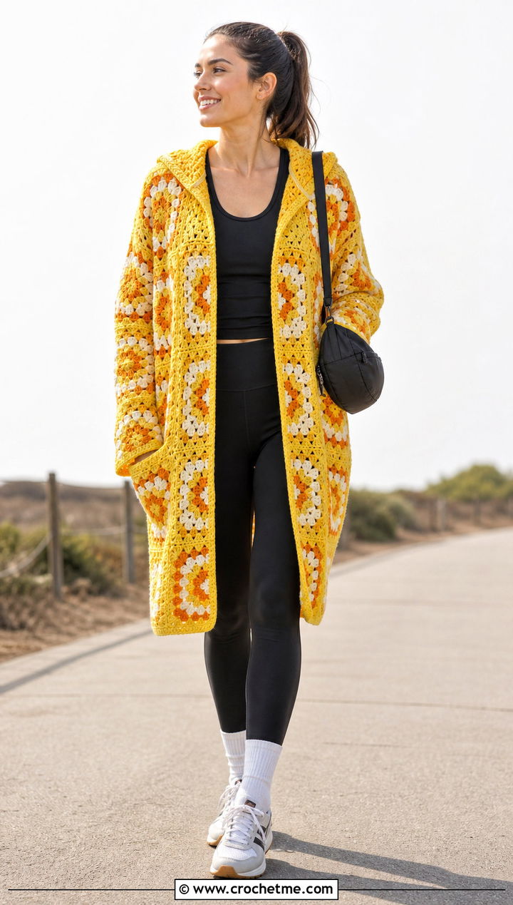 Hooded Afghan Granny Square Coat With Leggings And Sneakers - 15 crochet granny square afghan style coat cardigan outfit ideas
