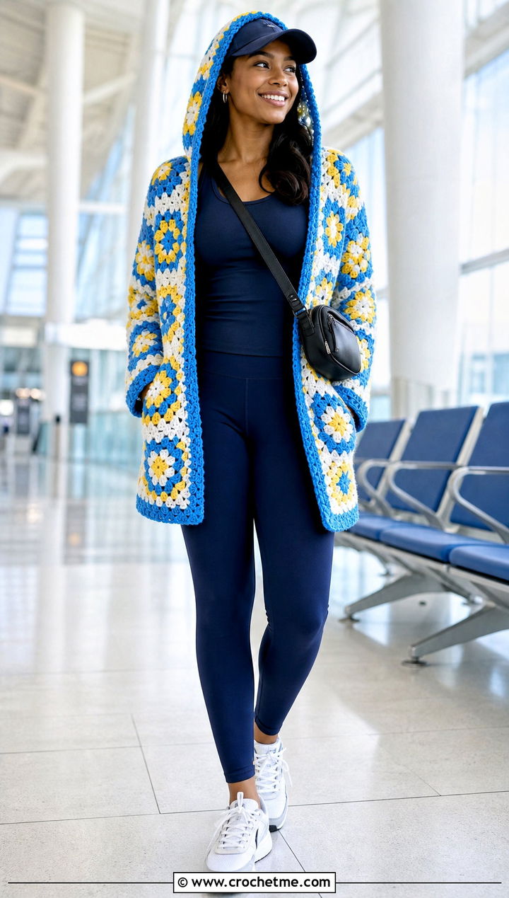 Hooded African Flower Crochet Cardigan With Leggings - 30 african flower crochet cardigan outfit ideas