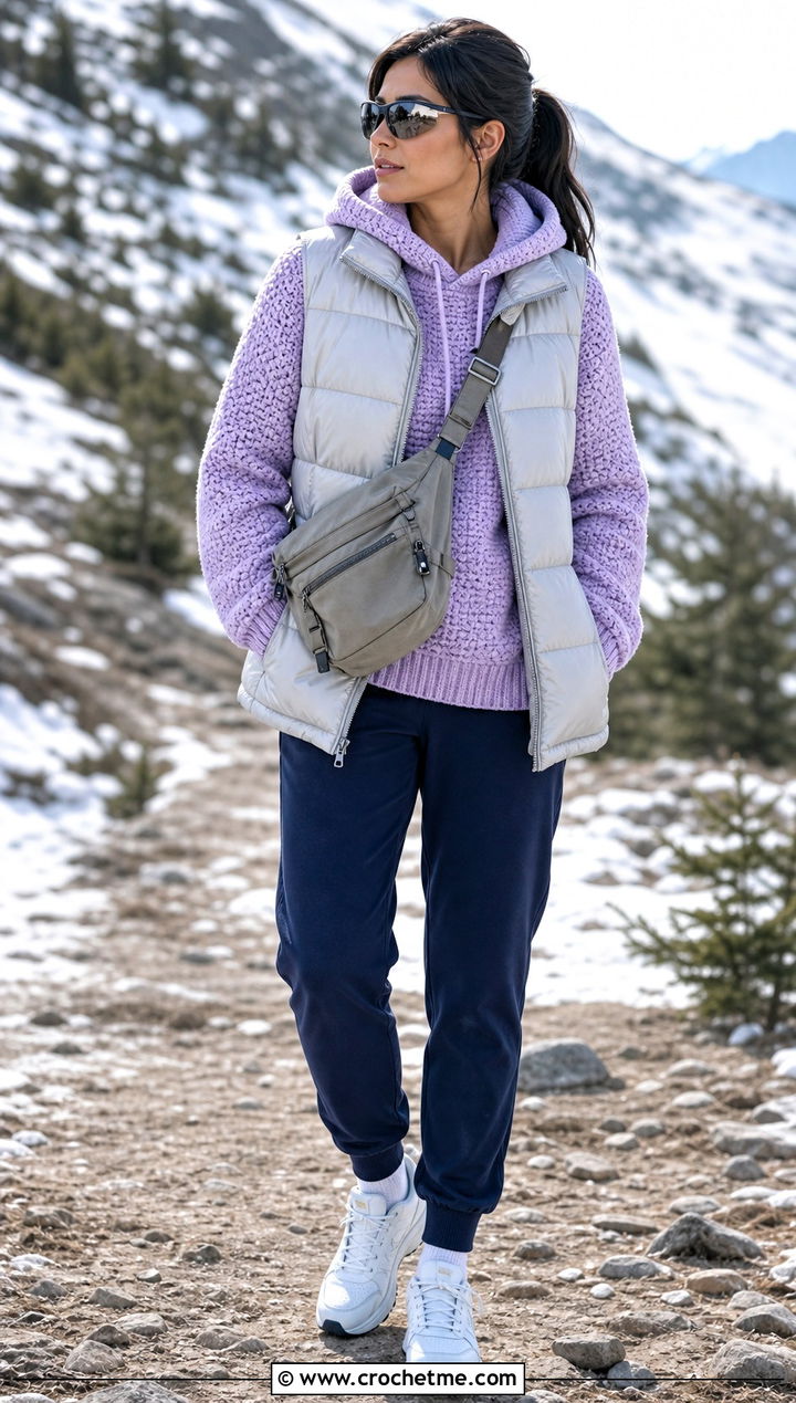 Hooded Alpine Stitch Sweater With Puffer Vest And Joggers - 25 crochet alpine stitch sweater outfit ideas