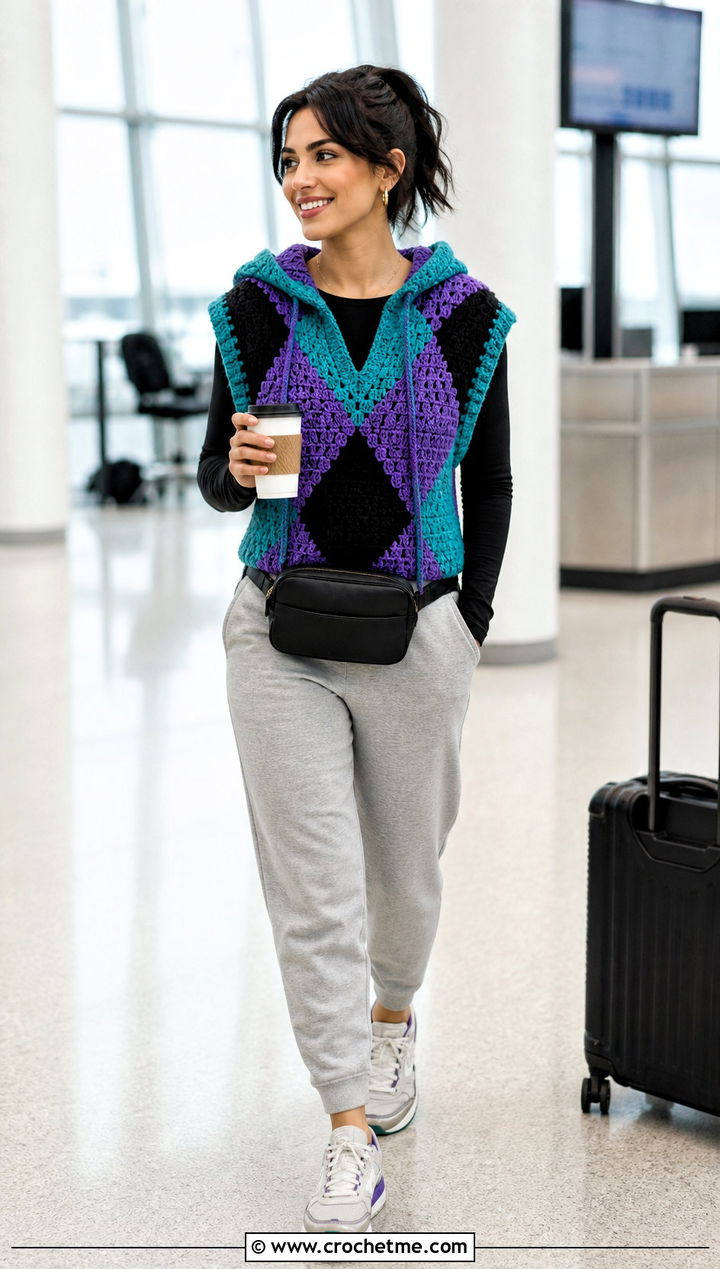 Hooded Argyle Crochet Sweater Vest With Relaxed Joggers - 20 Argyle Crochet Sweater Vest outfit ideas