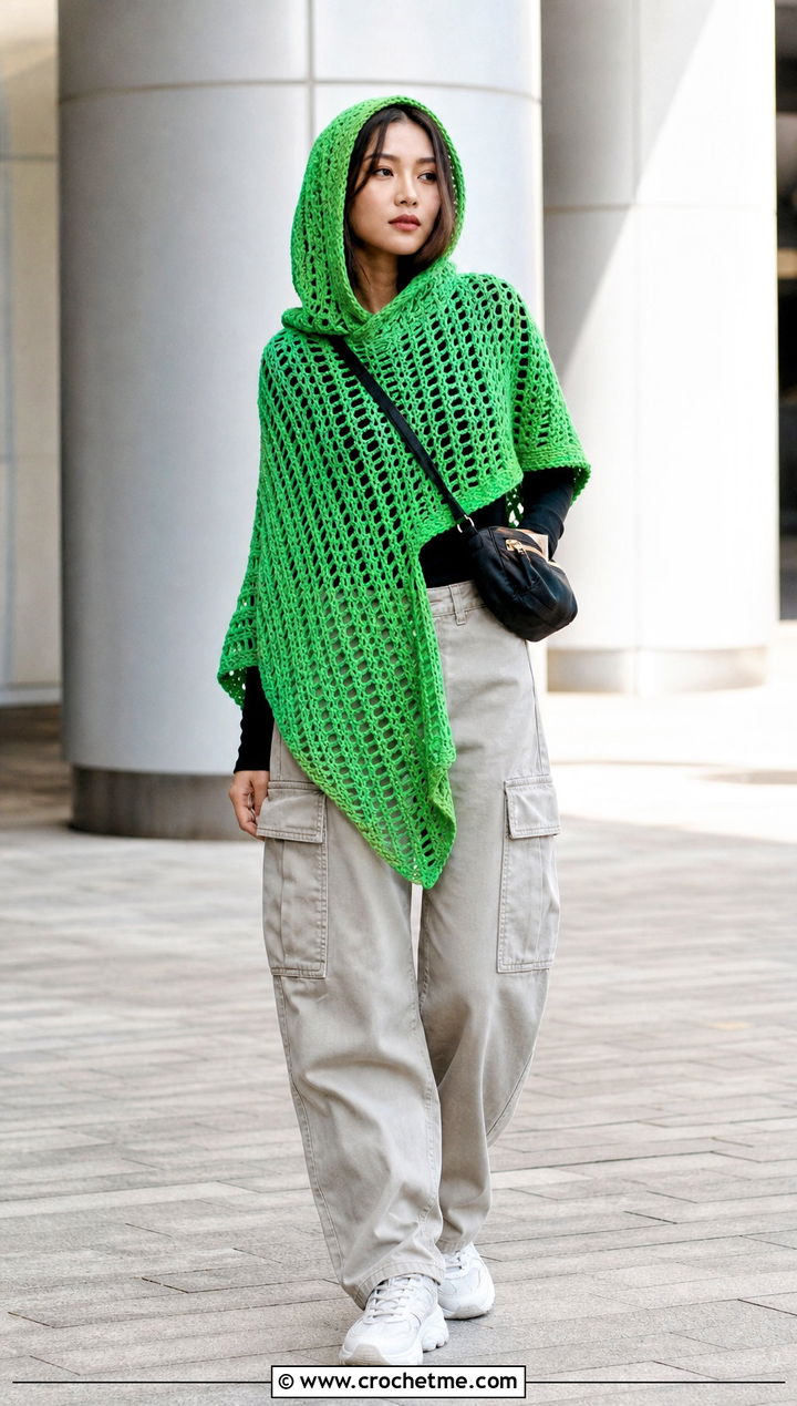 Hooded Asymmetrical Crochet Poncho With Cargo Pants - 25 Asymmetrical Crochet Poncho outfit ideas