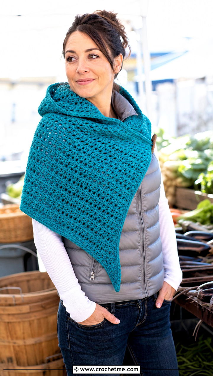 Hooded Asymmetrical Crochet Shawl With Puffer Vest And Jeans - 30 asymmetrical crochet shawl outfit ideas