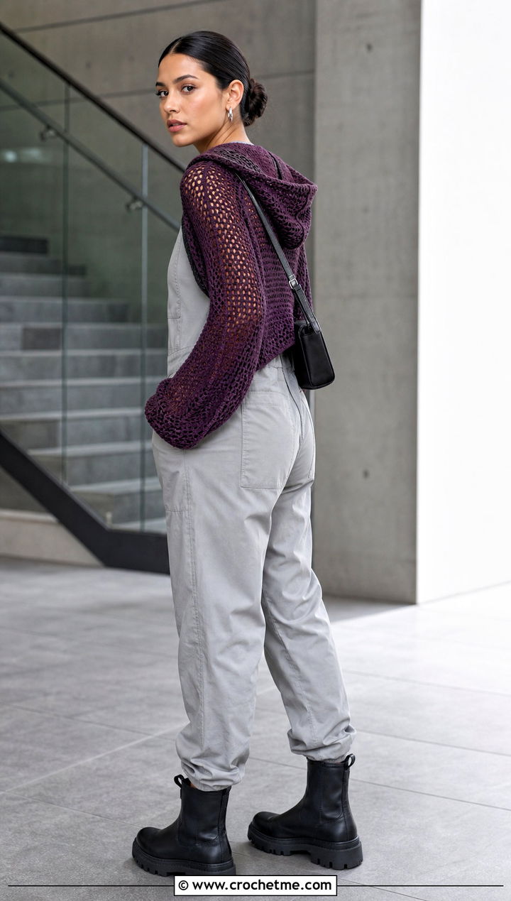 Hooded Ballet Crochet Shrug With Utility Jumpsuit - 20 Ballet Crochet Shrug outfit ideas