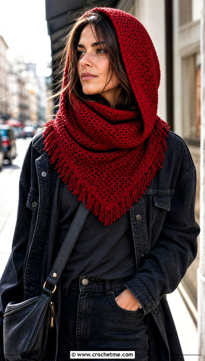 Hooded Bandana Crochet Cowl Snood With Biker Boots - 25 hooded crochet cowl snood outfit ideas