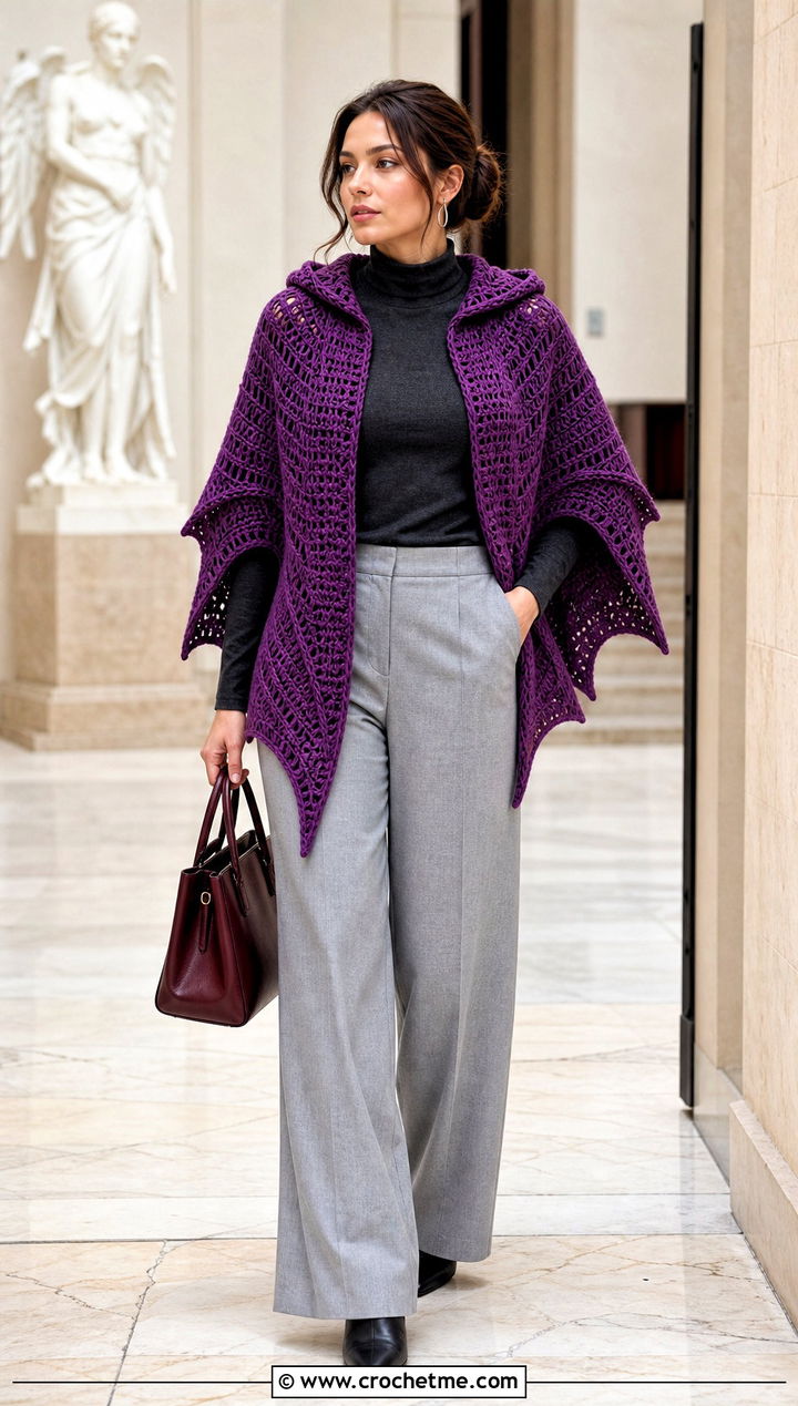 Hooded Bat Wing Crochet Shawl With Wide Leg Trousers - 25 bat wing crochet shawl outfit ideas