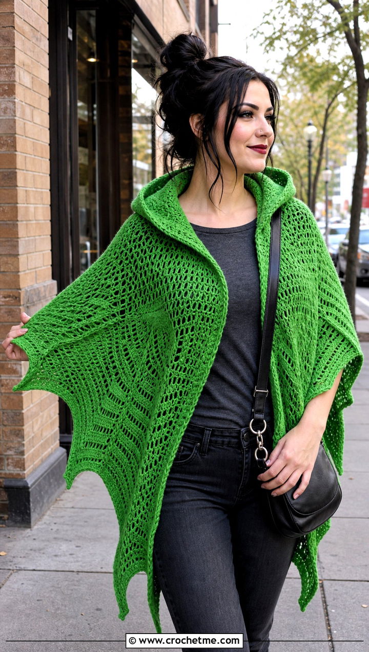 Hooded Batwing Witch Crochet Shawl With Straight Leg Jeans - 15 Witch Crochet Shawl outfit ideas