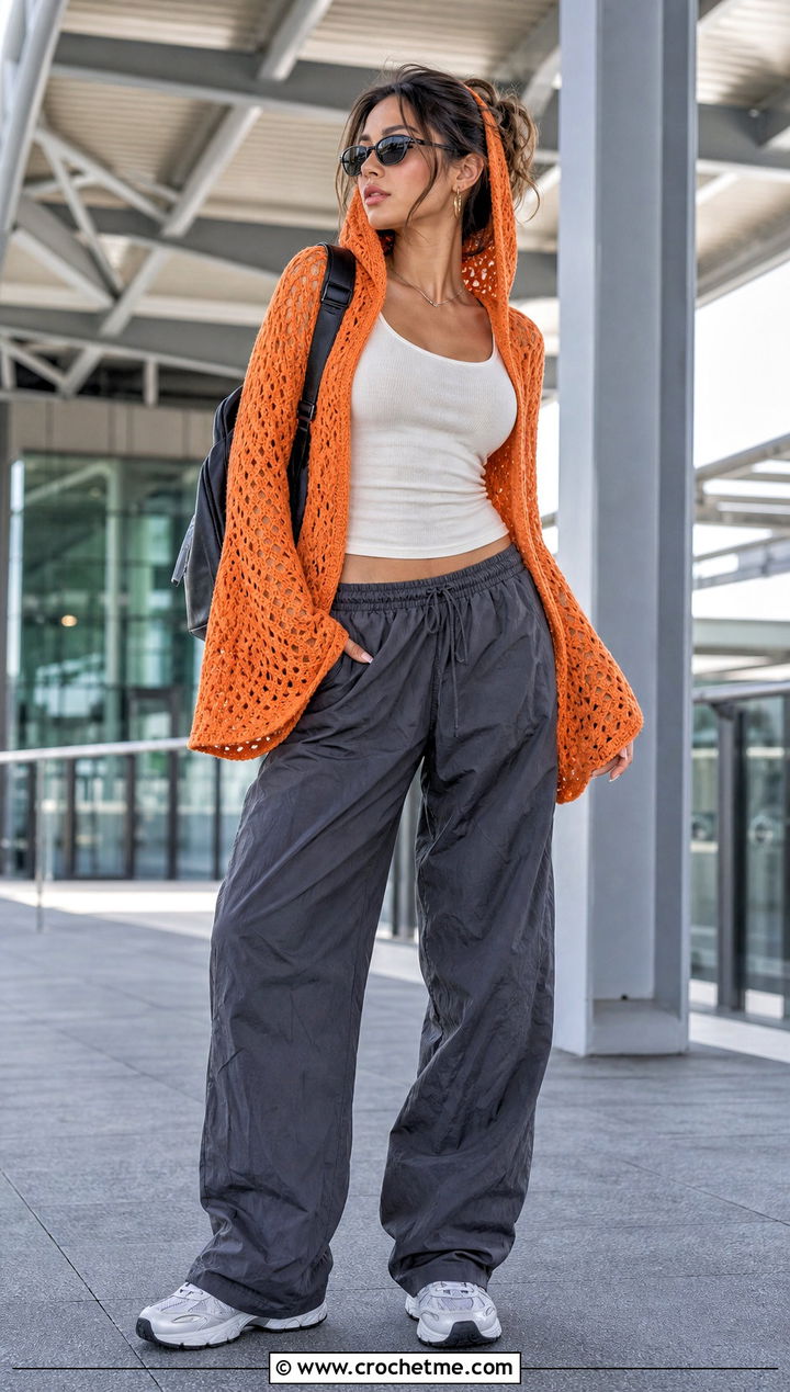 Hooded Bell Sleeve Crochet Sweater With Parachute Pants - 25 bell sleeve crochet sweater outfit ideas