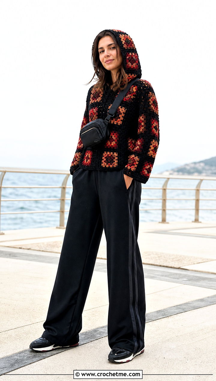 Hooded Black Granny Square Sweater With Track Pants - 25 black granny square sweater outfit ideas