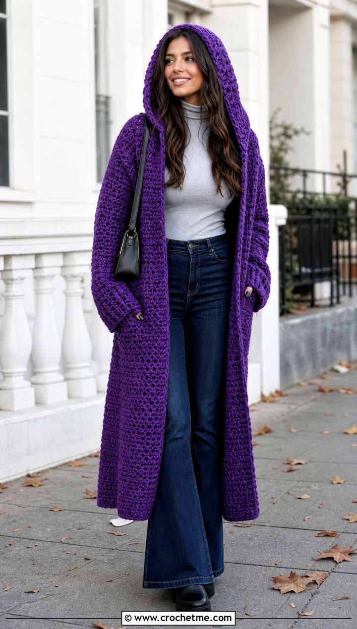 Hooded Blanket Crochet Cardigan With Flare Jeans - 25 blanket crochet cardigan outfit ideas