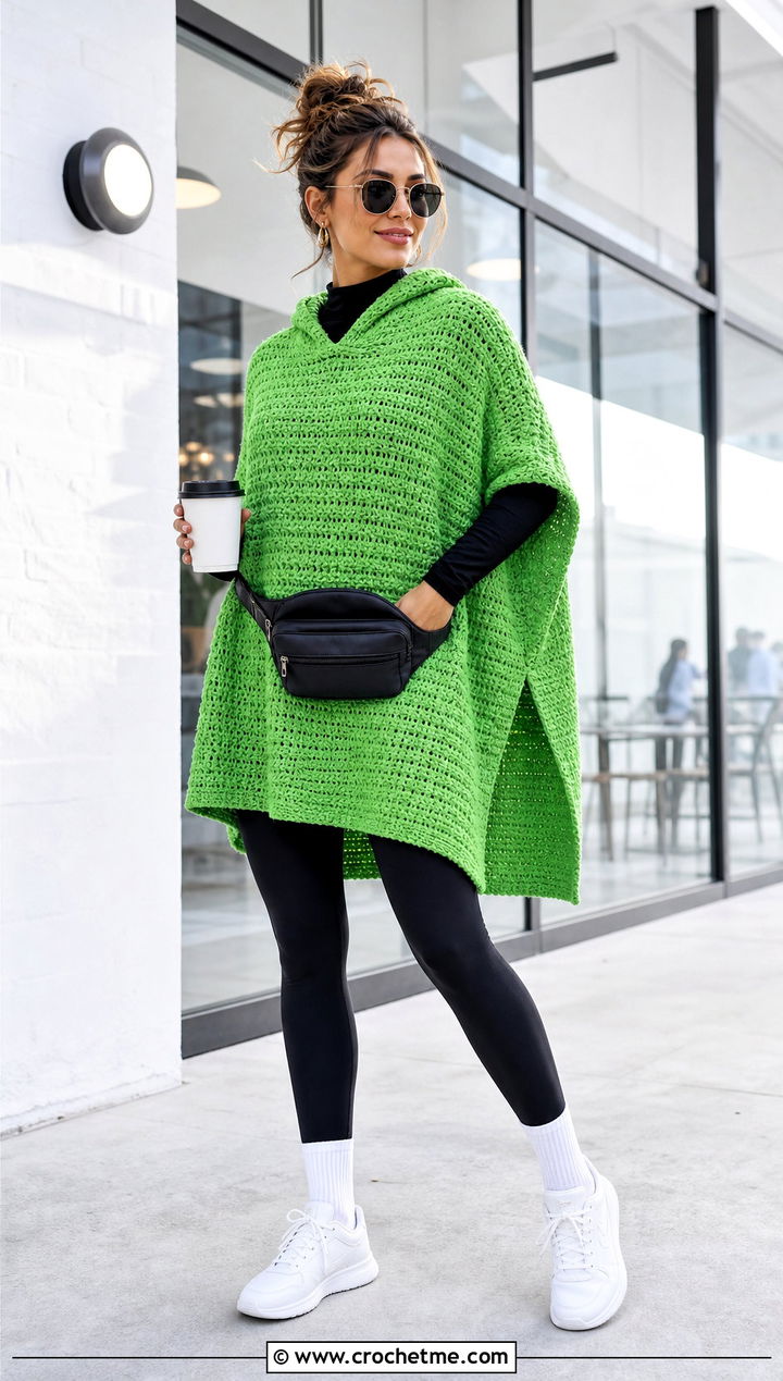 Hooded Blanket Crochet Poncho With Leggings And Sneakers - 15 Blanket Crochet Poncho outfit ideas