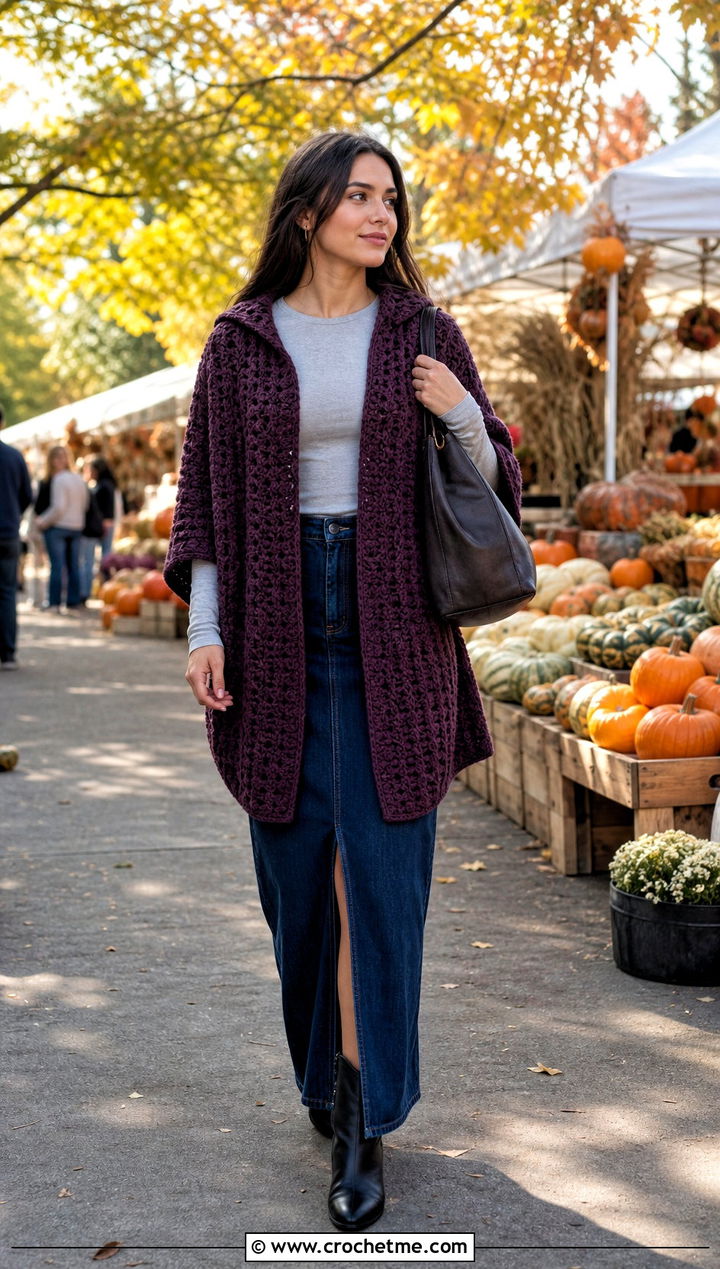 Hooded Blanket Rectangle Crochet Sweater With Denim Maxi Skirt - 15 Rectangle Crochet Sweater outfit ideas